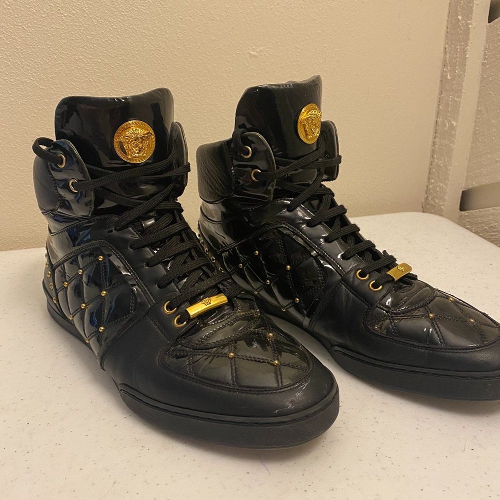 Versace Patent Black Leather Gold Studded Sneakers
